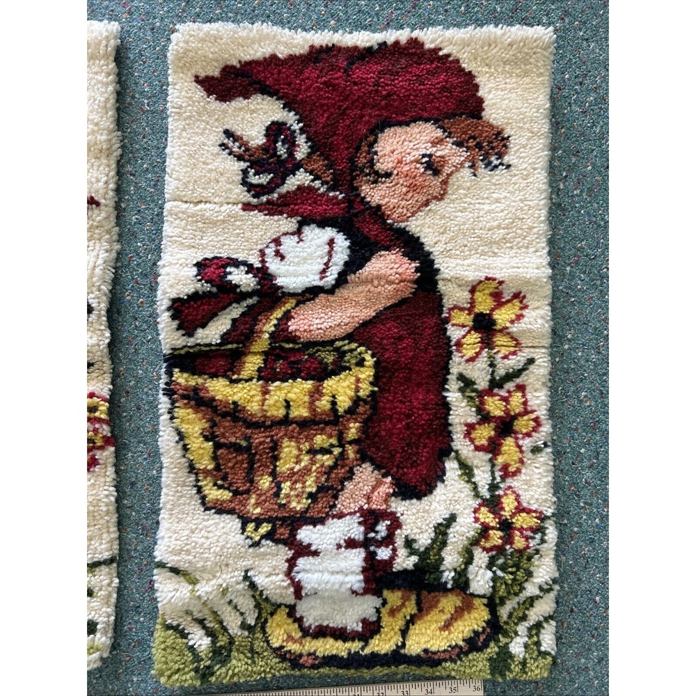 Vintage Hummel Girl Wall Hanging Little Red Riding Hood 1970s Completed Hook Rug